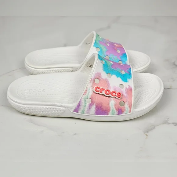 Crocs Classic Tie Dye Graphic Slide Sandal Womens 7 Mens 5 - Picture 3 of 9